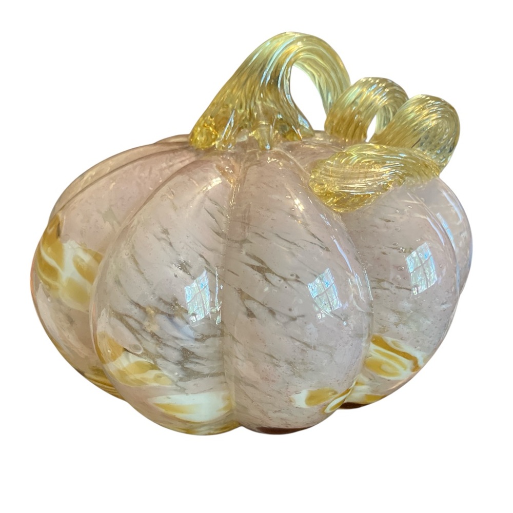 Blown Glass Pumpkin - Pink, Amber, White 7” x 5” x 7” - Picture 1 of 5